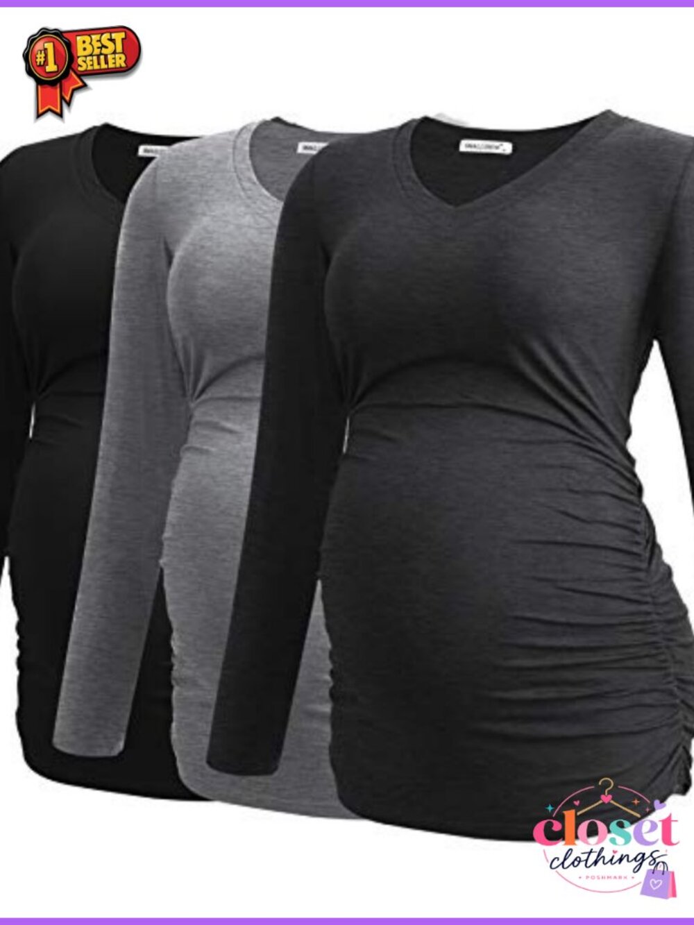Women's Maternity V-Neck Ruched Long Sleeve Pregnancy T-Shirt Top
